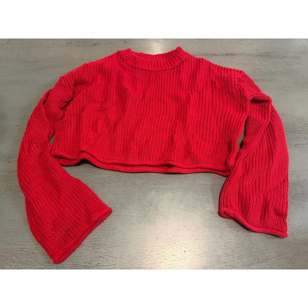Wild Fable Red Ribbed Knit Cropped Sweater Bell Sleeve Crew Neck Small